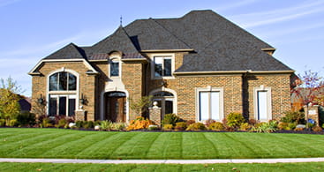 freshly cut green lawn in front of a house